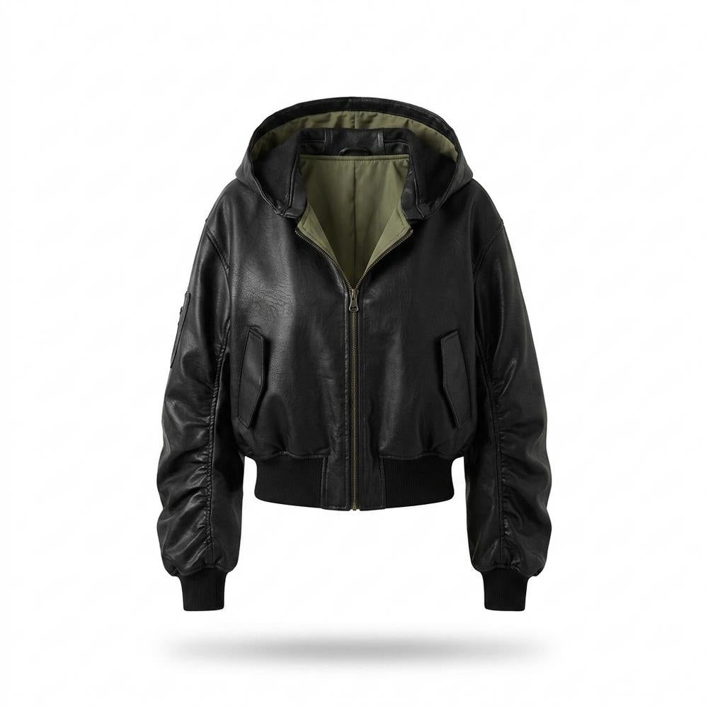 Lederjacken Outlet24 - Supav | Kurzgeschnittene Gekapuzte Lederjacke Damen