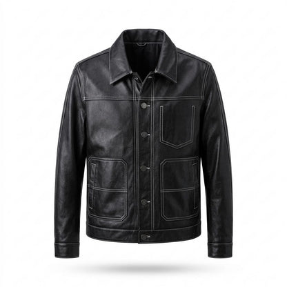 Lederjacken Outlet24 - Kezul | Kontrastgesteppt Geknöpft Lederjacke Herren