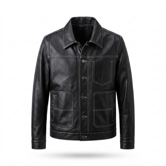 Lederjacken Outlet24 - Kezul | Kontrastgesteppt Geknöpft Lederjacke Herren