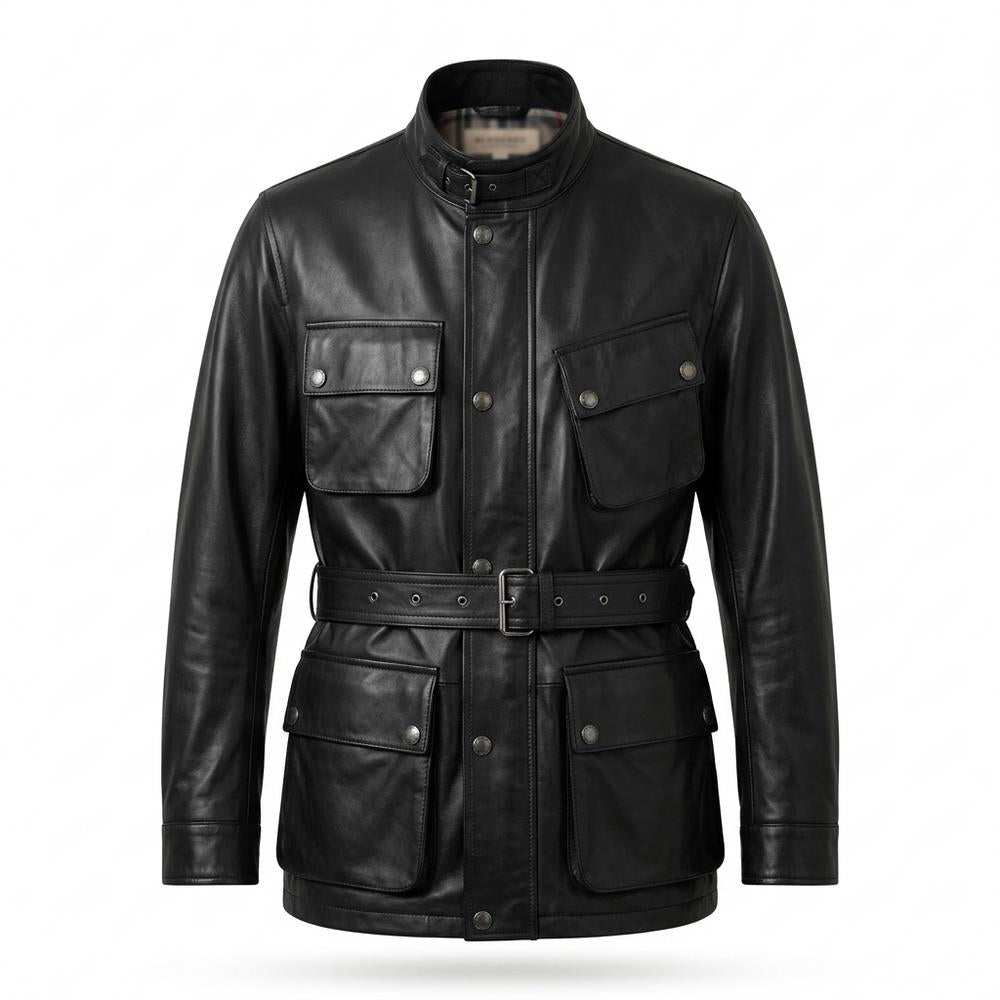 Lederjacken Outlet24 - Aagit | Gegürtelt Geknöpft Lederjacke Herren