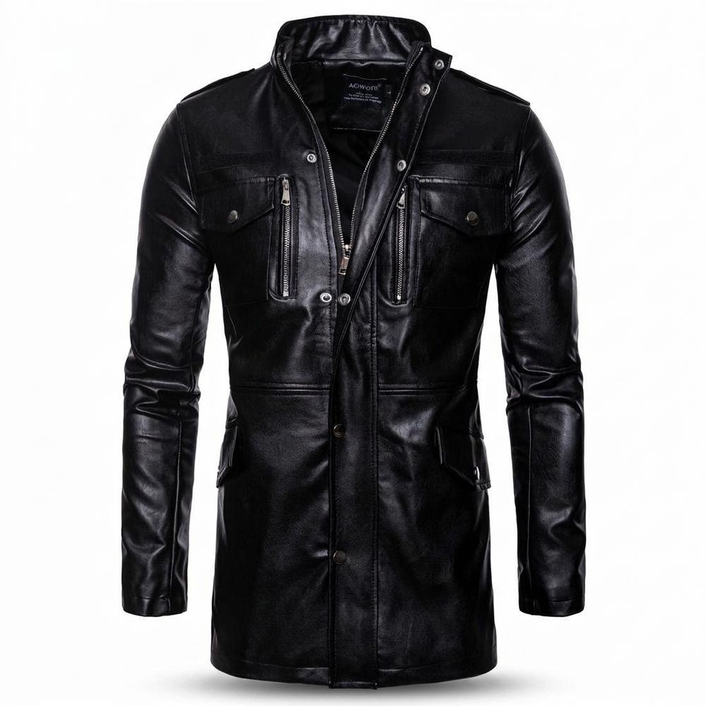Lederjacken Outlet24 - Sanav | Langgeschnittene Hochgeschlossene Lederjacke Herren