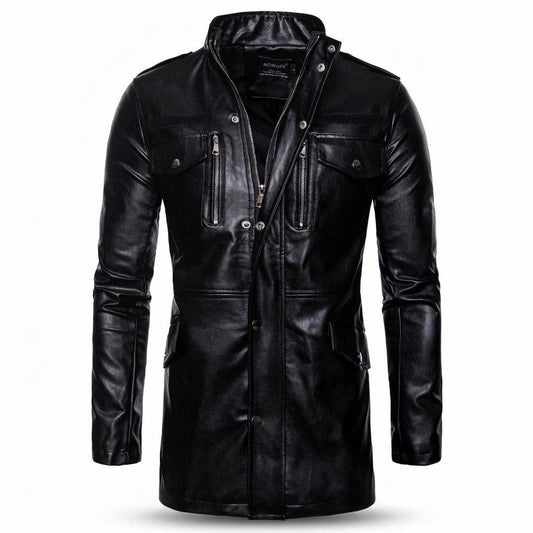 Lederjacken Outlet24 - Sanav | Langgeschnittene Hochgeschlossene Lederjacke Herren