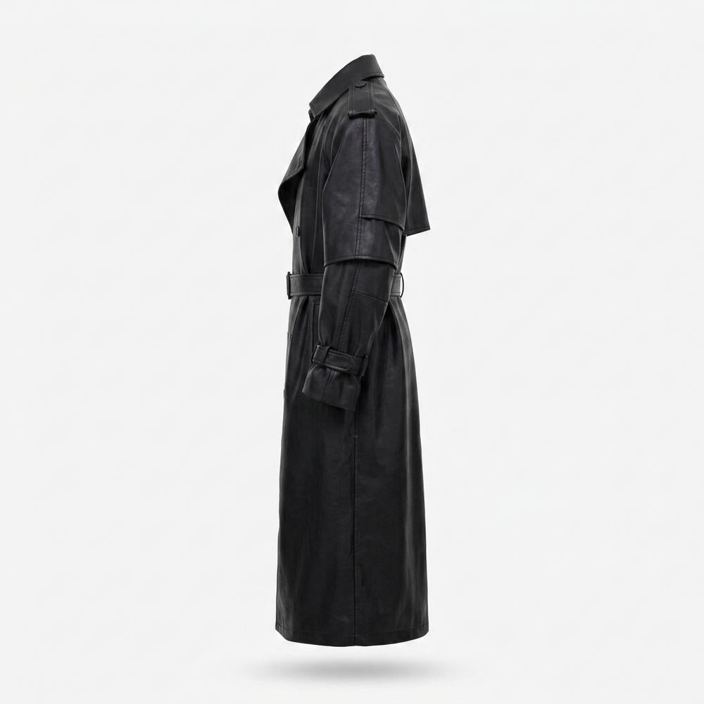 Lederjacken Outlet24 - Vapak | Doppelreihiger Gegürteter Ledermantel Unisex
